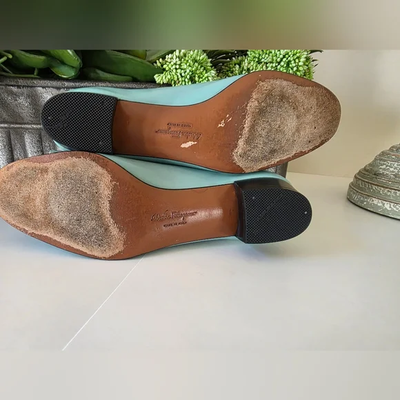 Salvatore Ferragamo Vara Bow Low Heel Turquoise  Leather Vintage Italy-SZ 5.5B - Picture 10 of 15